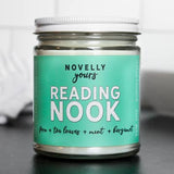 Jar with a teal label reading 'Reading Nook' on a neutral background