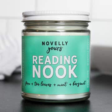 Jar with a teal label reading 'Reading Nook' on a neutral background
