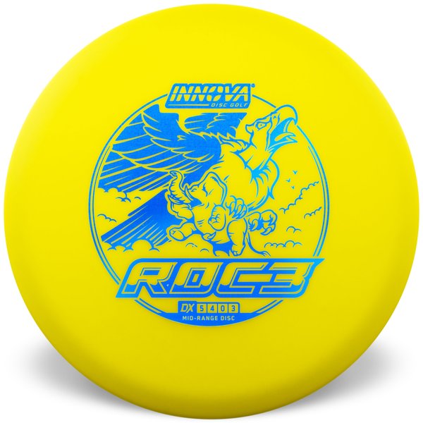 Yellow "Roc3" disc with blue graphics and text on a white background
