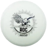 Disc golf disc with 'Glow ROC' branding on a transparent background