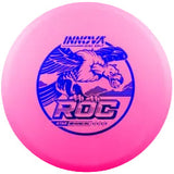 Pink disc golf disc with blue branding on a transparent background
