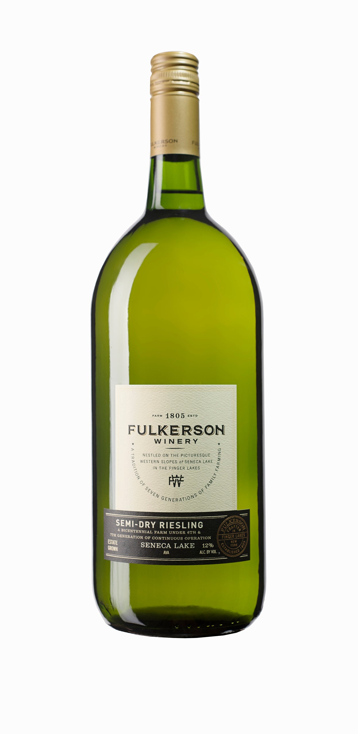 Fulkerson Winery bottle of semi-dry Riesling wine on a white background