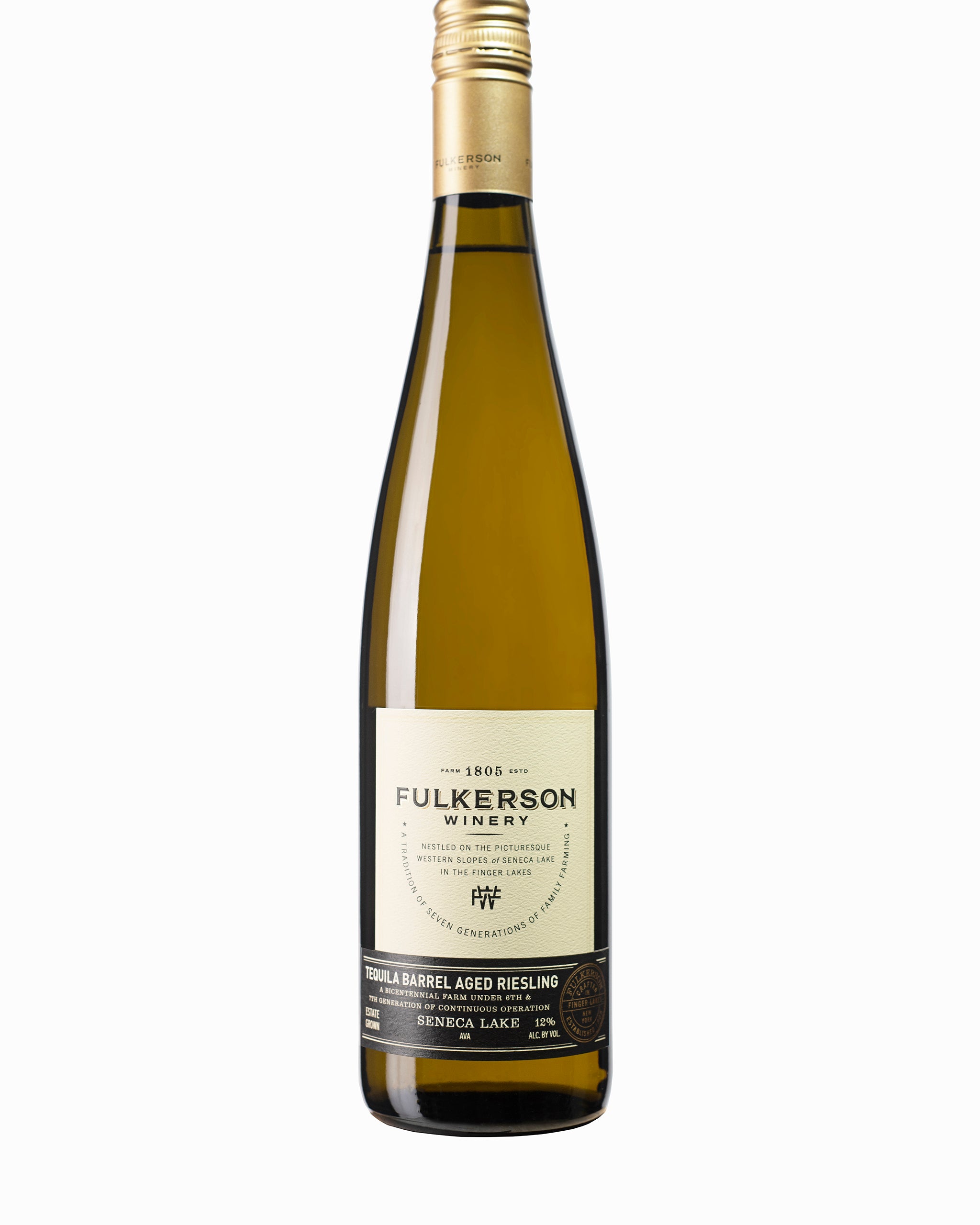 Bottle of Fulkerson Winery and farm tequila riesling on a white background