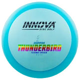 Blue disc golf disc with Innova and Thunderbird branding on a transparent background