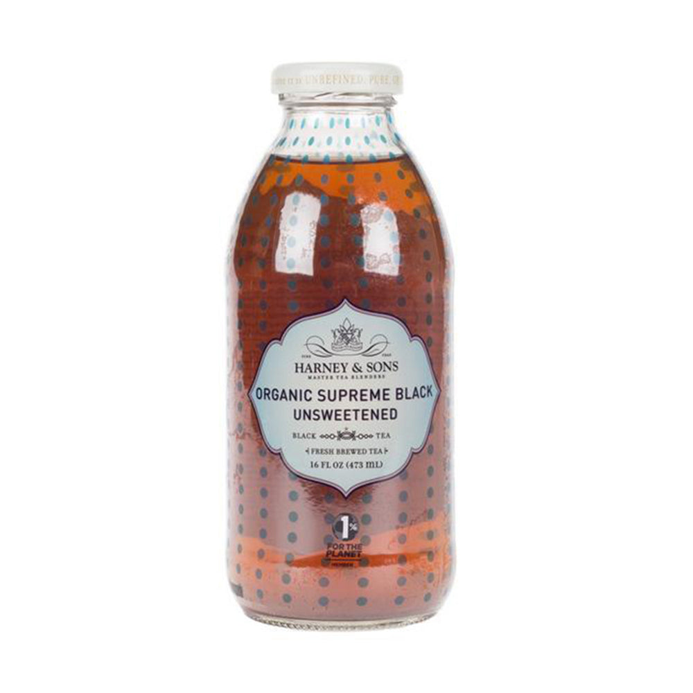 Bottle of Harney & Sons Organic Supreme Black Unsweetened tea on a white background