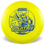 Yellow disc golf disc with 'VALKYRIE' branding on a white background