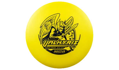 Yellow disc with a black Valkyrie with sword and shield logo on a transparent background