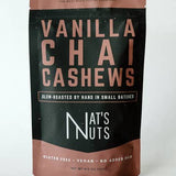 Packaging of Vanilla Chai Cashews by Nat's Nuts on a white background