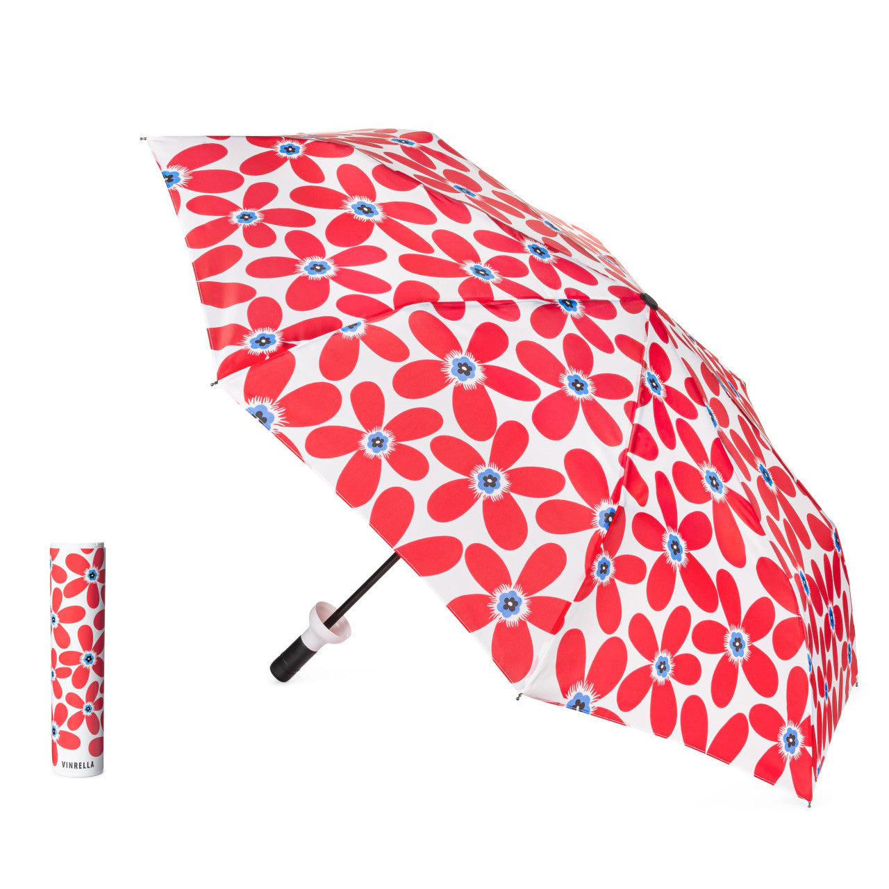 Red Floral-patterned umbrella with matching folded version on a white background