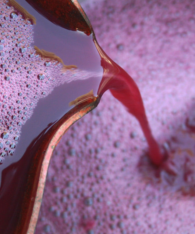 Close-up of red liquid being pressed onto a container