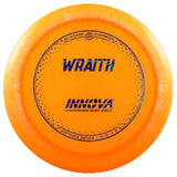 Orange "Wraith" disc golf disc with 'Innova' branding on a transparent background