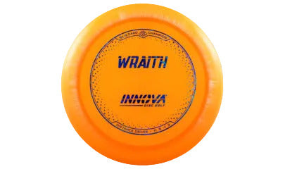 Orange "Wraith" disc golf disc with 'Innova' branding on a transparent background