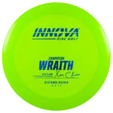 Green "Wraith" disc golf disc with 'Innova Disc Golf' branding on a transparent background