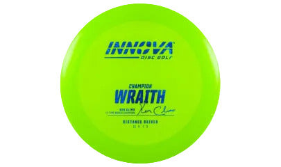 Green "Wraith" disc golf disc with 'Innova Disc Golf' branding on a transparent background